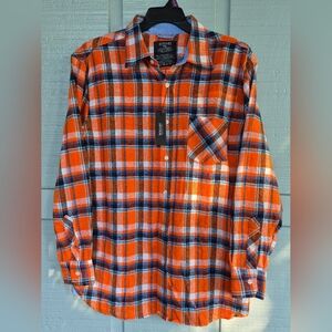 NWT Mens Bogari Bright Orange/Blue Plaid Flannel Button Down Shirt XL Grunge